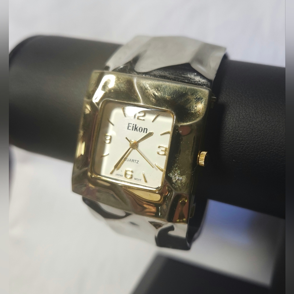 Eikon Gold Silver Tone Quartz Stainless Steel Case Cuff Watch